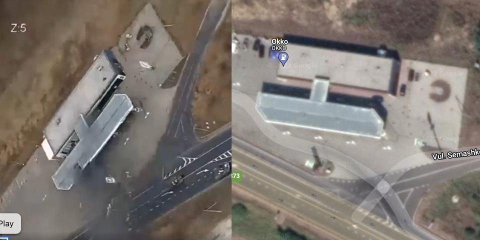 A side-by-side of the Borodyanka strike location as it appears in the Ukrainian Defense Ministry video (left) and Google Maps (right)