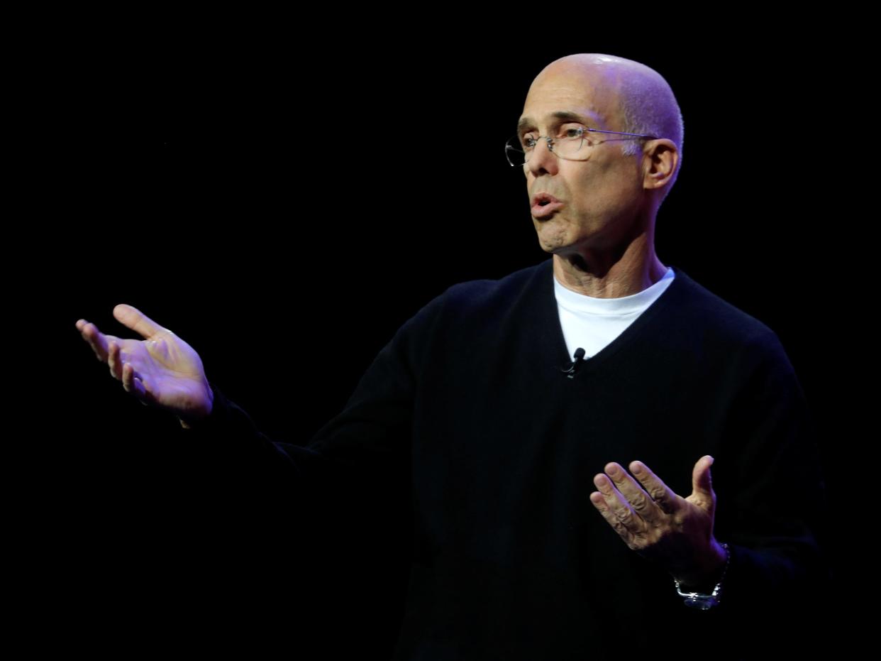 FILE PHOTO: Quibi founder Jeffrey Katzenberg speaks during a Quibi keynote address at the 2020 CES in Las Vegas, Nevada, U.S.,  January 8, 2020. REUTERS/Steve Marcus