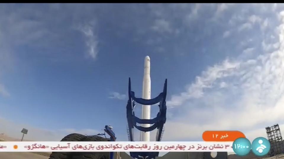 This frame grab from video aired by Iranian state television on Wednesday, Sept. 27, 2023, shows what Iran's Communication Minister Isa Zarepour said is a Noor-3 satellite being launched from an undisclosed location, in Iran. Iran claimed on Wednesday that it successfully launched an imaging satellite into space, a move that could further ratchet up tensions with Western nations that fear its space technology could be used to develop nuclear weapons. (IRIB via AP)