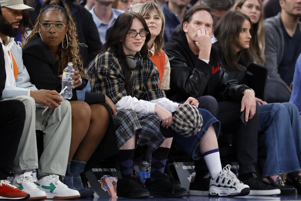 NEW YORK, NEW YORK - MAY 14: Billie Eilish is seen in attendance during Game Five of the Eastern Conference Second Round Playoffs between the Indiana Pacers and the New York Knicks at Madison Square Garden on May 14, 2024 in New York City. NOTE TO USER: User expressly acknowledges and agrees that, by downloading and or using this photograph, User is consenting to the terms and conditions of the Getty Images License Agreement. (Photo by Sarah Stier/Getty Images)