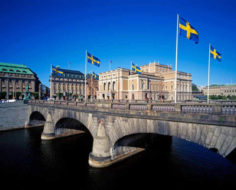 Norrbro Bridge and the Royal Opera building in Stockholm, Sweden.