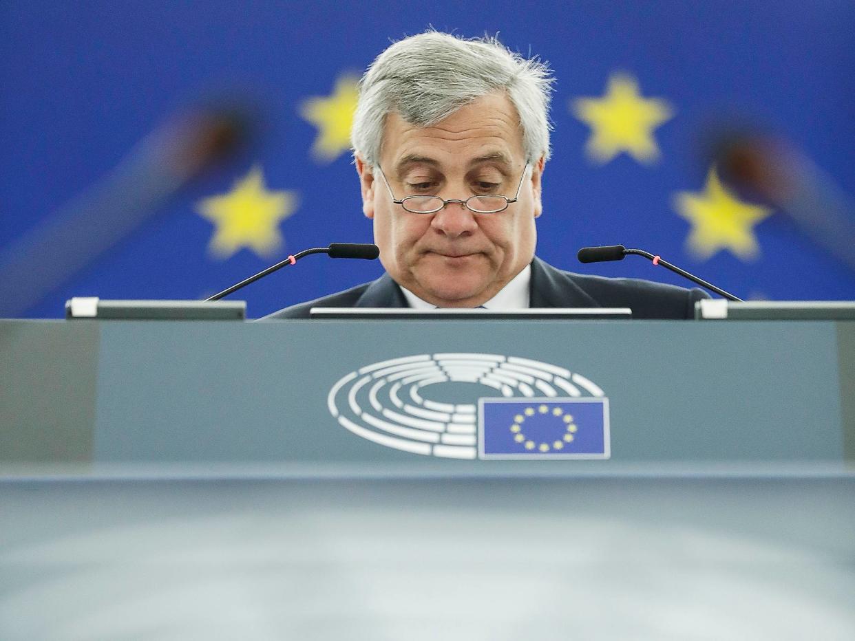 European Parliament President Antonio Tajani reads his notes during the European Parliament plenary session in Strasbourg: AP