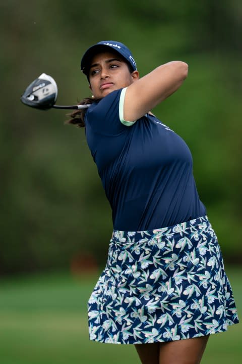 Megha Ganne of the United States plays her stroke from the No. 5 tee during round one of the Augusta National Women’s Amateur at Champions Retreat Golf Club, Wednesday, April 3, 2024.