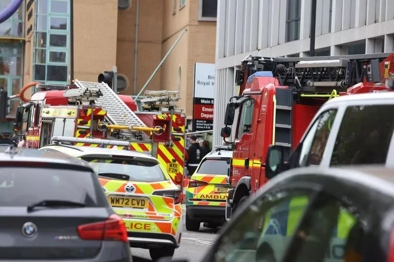 A fire engine and police cars