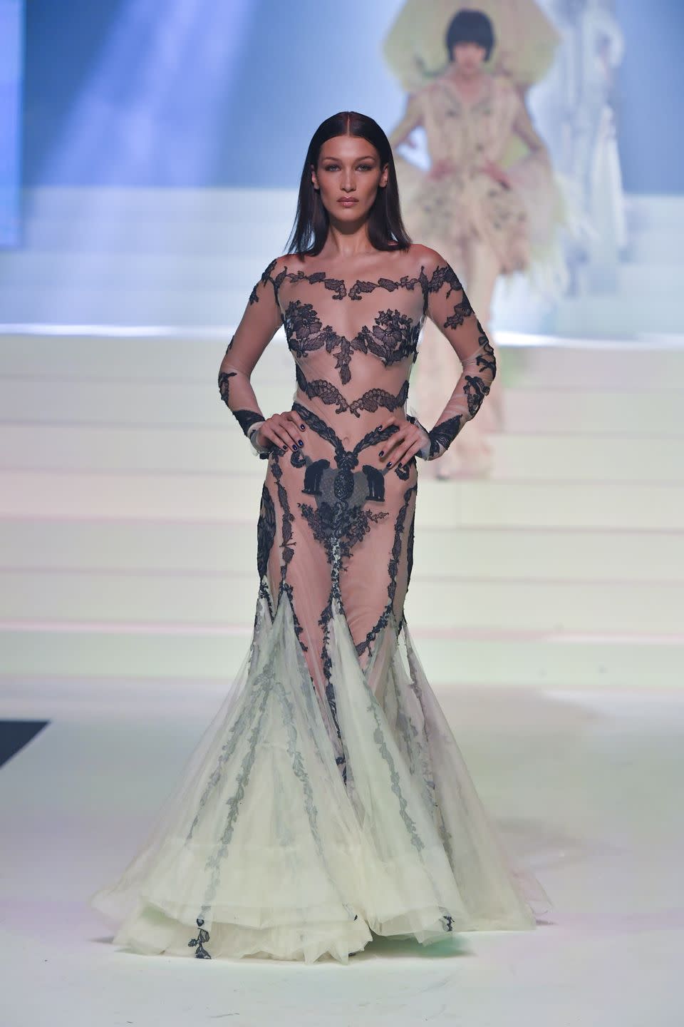 <p>This list is about 80% Bella Hadid at this point and I am NOT complaining. The supermodel wore next-to-nothing on the runway for Jean-Paul Gaultier's show at Paris Fashion Week – a see-through mermaid gown and a black lace thong. <em>Fashun.</em> </p>