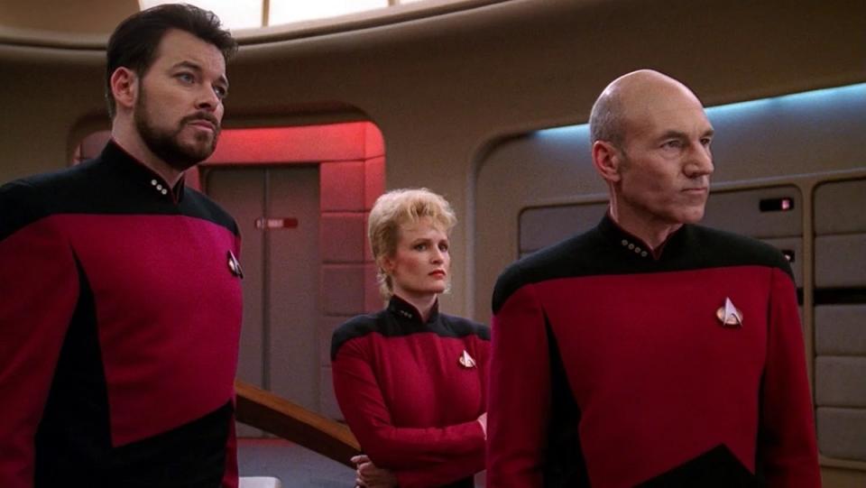 Picard (Patrick Stewart), Riker (Jonathan Frakes) and Shelby (Elizabeth Dennehy) on Star Trek: The Next Generation's "The Best of Both Worlds."