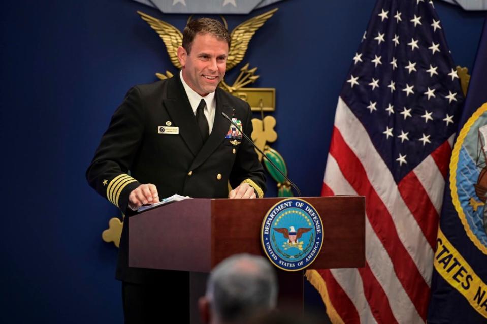 SEAL_DEATH_Kyle_Mullen 211116-N-BL637-1677 WASHINGTON (Nov. 16, 2021) Capt. Bradley D. Geary, commanding officer of Naval Special Warfare Basic Training Command, speaks during the Vice Adm. James Bond Stockdale Leadership Award ceremony in the Pentagon. Capt. Geary and Capt. William H. Wiley, the Special Assistant for Fleet Matters, Naval Reactors Line Locker, received the award, which is peer-nominated and presented annually to two commissioned officers who serve as examples of excellence in leadership. (U.S. Navy photo by Mass Communication Specialist 1st Class Sean Castellano/Released)