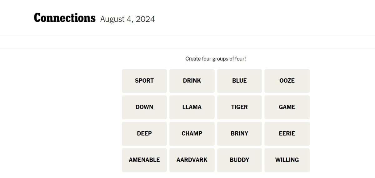 <em>Today's NYT Connections puzzle for Sunday, August 4, 2024</em><p>The New York Times</p>