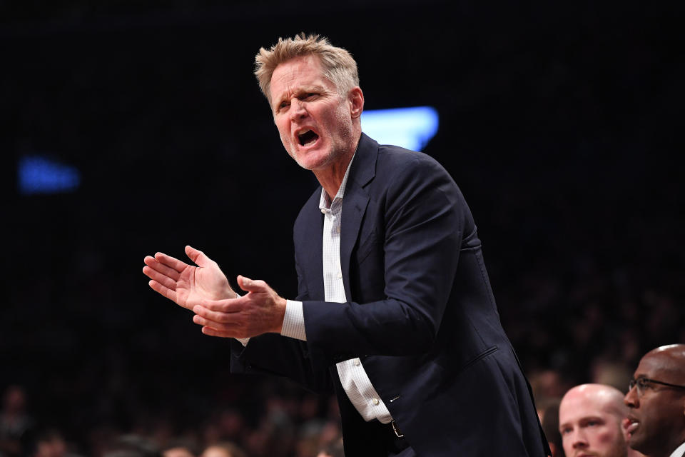 Golden State Warriors coach Steve Kerr, pictured during the Warriors-Nets game, did some of his best talking away from the sidelines on Sunday. (Photo: Matteo Marchi via Getty Images)