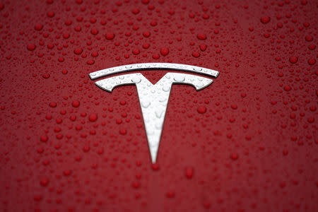 FILE PHOTO: A Tesla logo is seen at a groundbreaking ceremony of Tesla Shanghai Gigafactory in Shanghai, China January 7, 2019. REUTERS/Aly Song/File Photo