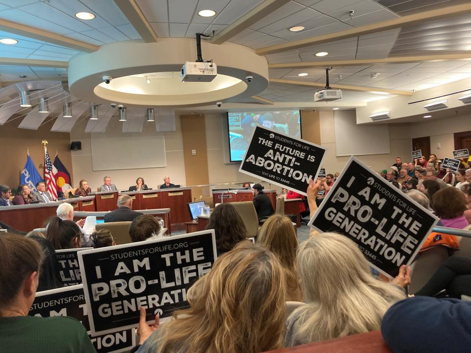 Many attendees at the Pueblo City Council meeting on November 28, 2022 brandished signs distributed by Students for Life, a national anti-abortion organization with chapters at thousands of schools around the country.