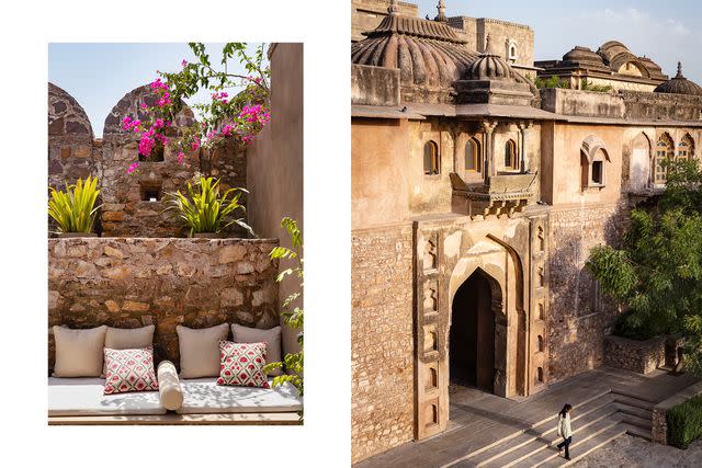 <p>Aparna Jayakumar</p> From left: A seating area in one of the suites at Six Senses Fort Barwara; a view of the Kharbuja Mahal, or Muskmelon Palace—one of the original 14th-century structures the property was developed around.