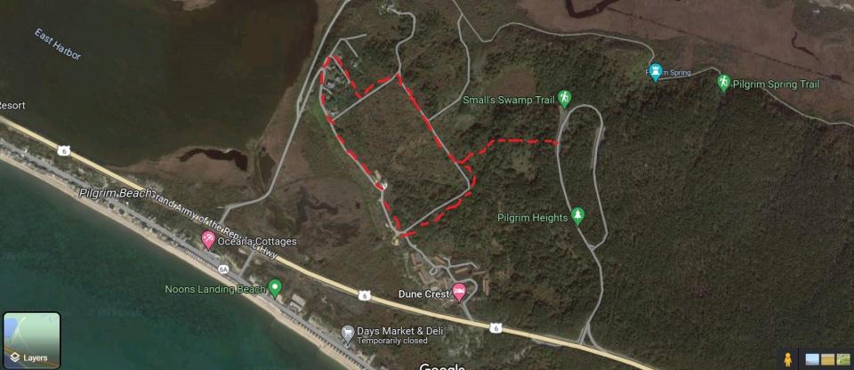 A map of the hike, which begins from the parking lot at the Cape Cod National Seashore's Pilgrim Heights area in Truro, and links up to the scenic High Head area.