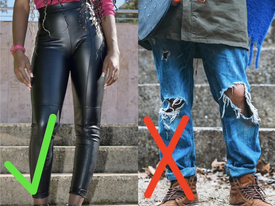 green check over a woman wearing tight leather pants and a red x over a man wearing ripped jeans