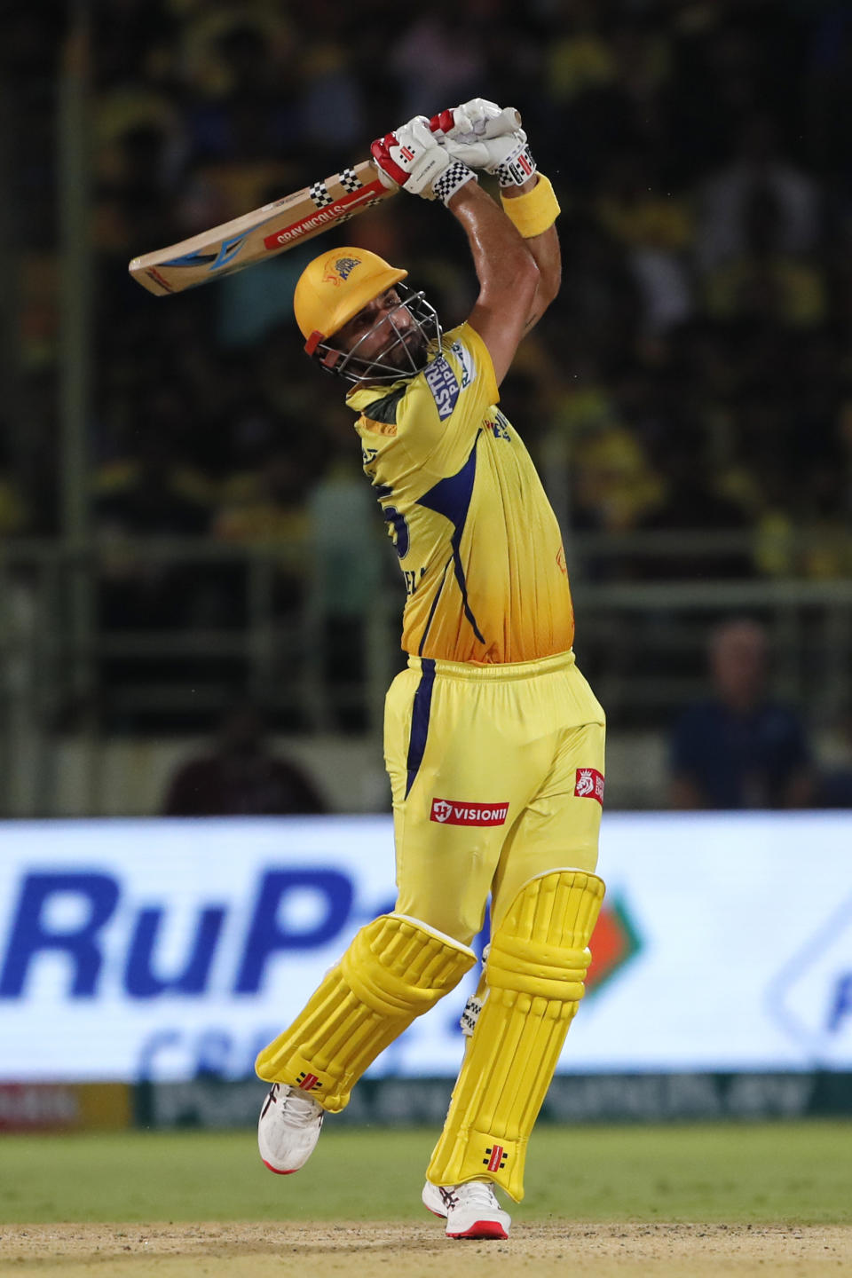 Chennai Super Kings' Daryl Mitchell plays a shot during the Indian Premier League cricket match between Delhi Capitals and Chennai Super Kings in Visakhapatnam, India, Sunday, March. 31, 2024.(AP Photo/ Surjeet Yadav))