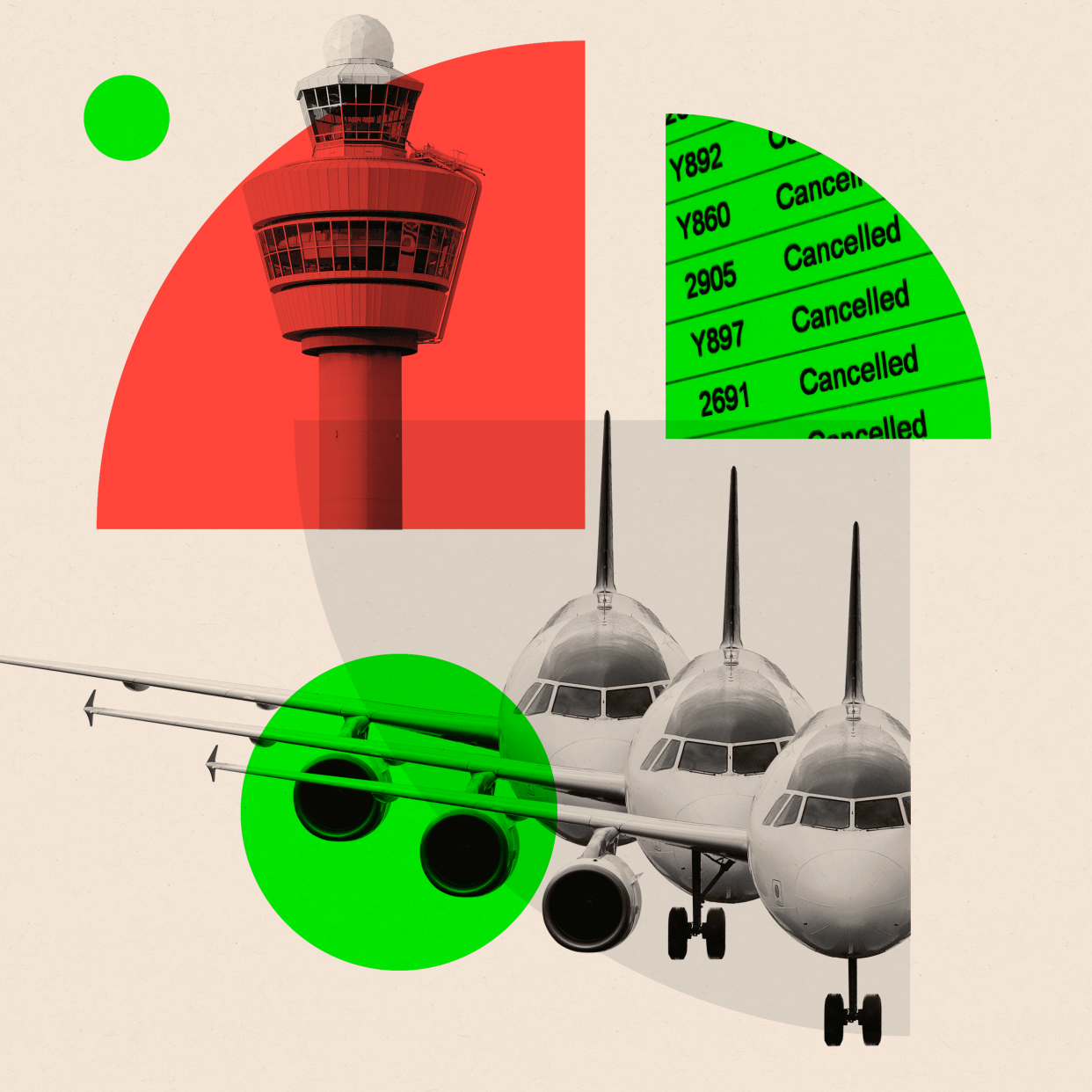 Montage showing aeroplanes and an air traffic control tower