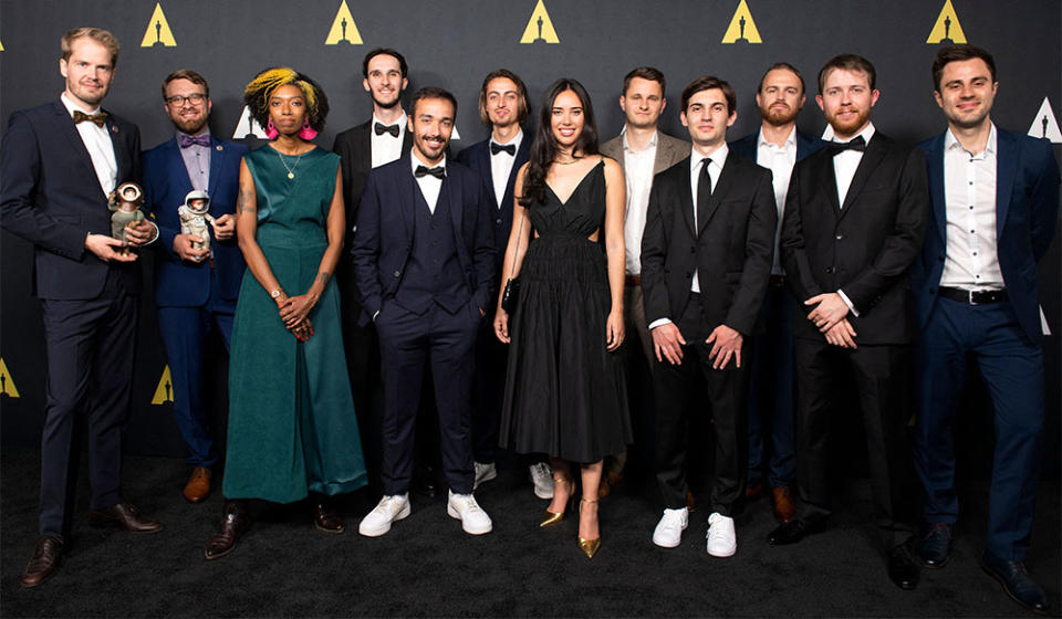 The winners of the 49th Student Academy Awards (from L) Jan Gadermann, Sebastian Gadow, Olivia Peace, Eliott Benard, Yanis Belaid, Nicolas Mayeur, Gabriella Canal, Well Reinhart, Jared Peraglia, Michael Fearon, Lachlan Pendragon and Nils Keller attend the 49th Student Academy Awards at the Academy Museum of Motion Pictures in Los Angeles, California, on October 20, 2022.