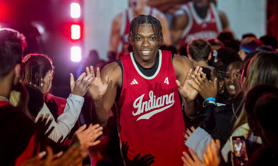 Indiana's Anthony Walker is announced during Hoosier Hysteria at Simon Skjodt Assembly Hall on Friday, October 20, 2023.
