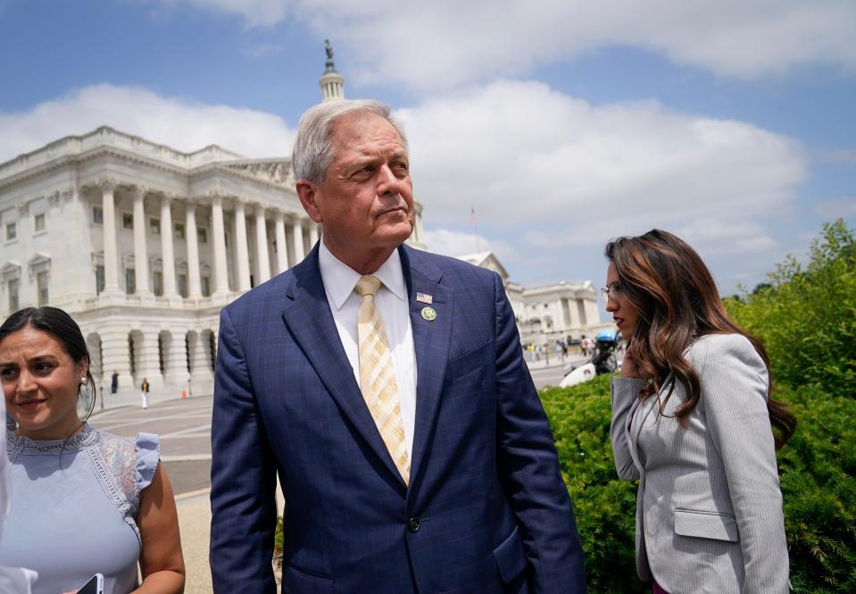 May 30, 2023; Washington, DC, USA; Freedom Caucus member Rep. Ralph Norman (R-S.C.), center, and Rep. Lauren Boebert (R-Colo.), right, before the start of a House Freedom Caucus press conference outside of the U.S. Capitol on Tuesday, May 30, 2023 opposing the current debt ceiling agreement negotiated by House Speaker Kevin McCarthy and President Joe Biden.