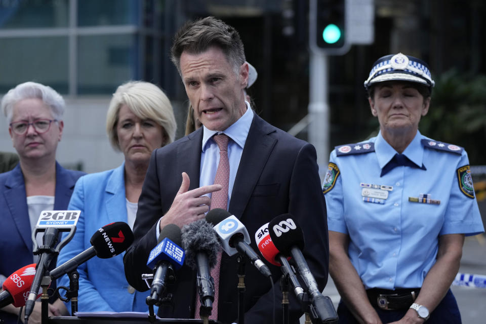 Chris Minns, premier of New South Wales state speaks to media at Bondi Junction in Sydney, Sunday, April 14, 2024, after several people were stabbed to death at a shopping center Saturday. Police have identified Joel Cauchi, 40, as the assailant that stabbed several people to death at a busy Sydney shopping center Saturday before he was fatally shot by a police officer. (AP Photo/Rick Rycroft)