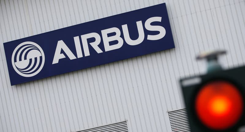 The logo of Airbus is pictured at the entrance of the Airbus facility in Bouguenais, near Nantes