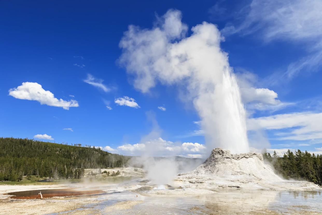 usa, wyoming, yellowstone national park, upper geyser basin, castle geysir erupting