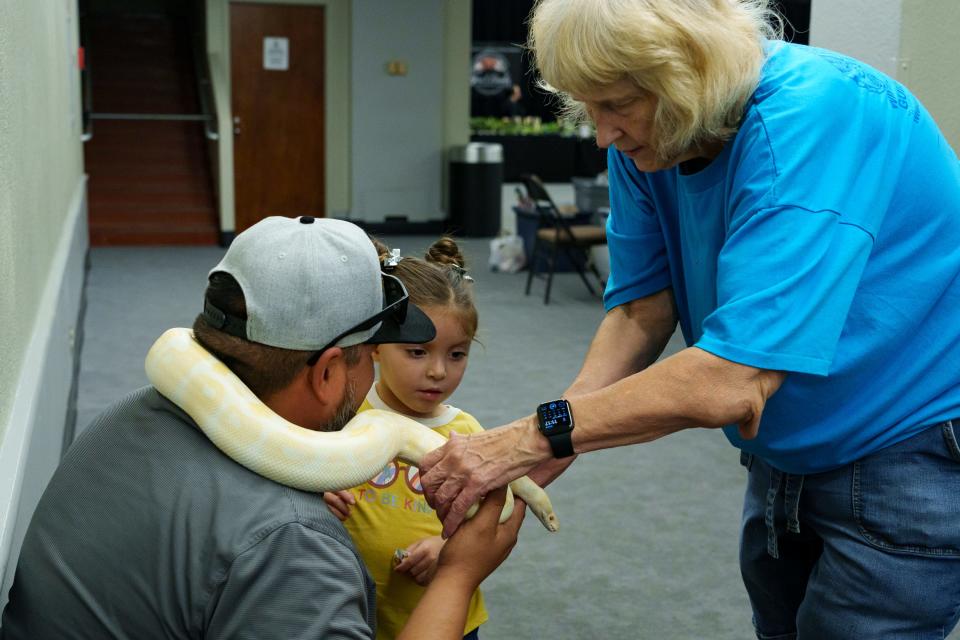 Kathleen Love (right) hands Butter, the female Albino Ball Python to David Zuniga (left) and daughter, Isabella Zuniga during Repticon in the Mesa Convention Center on September 3, 2023, in Mesa, AZ.