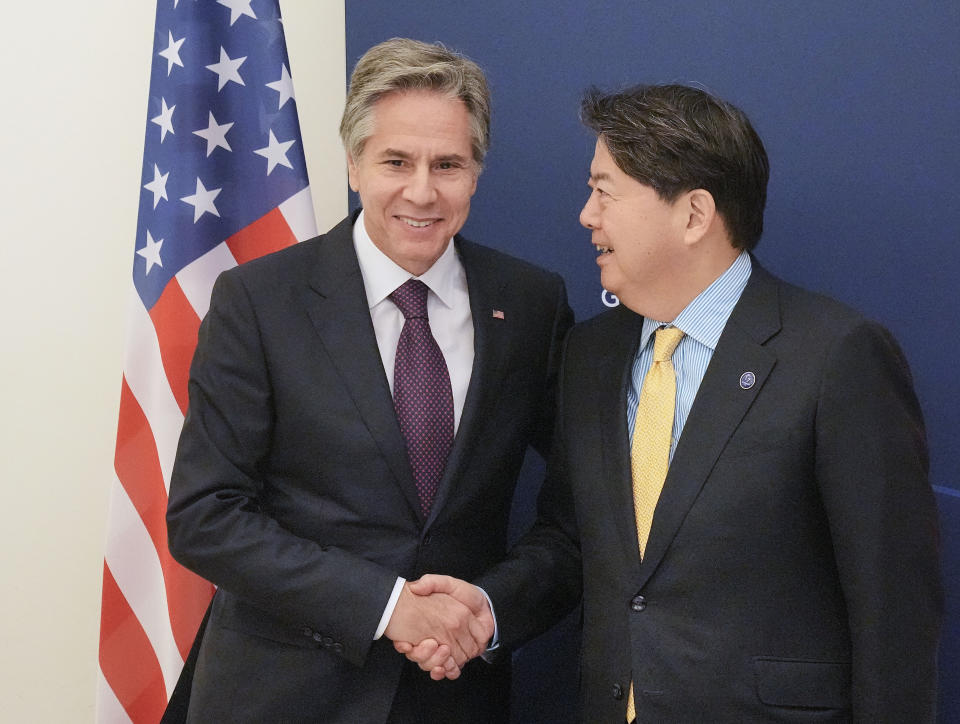 United States secretary of state Antony Blinken and Foreign Minister Yoshimasa Hayashi of Japan, right, meet for bilateral talks at the G7 Foreign Ministers' Meeting in Muenster, Germany, Friday, Nov. 4, 2022. (AP Photo/Martin Meissner, Pool)