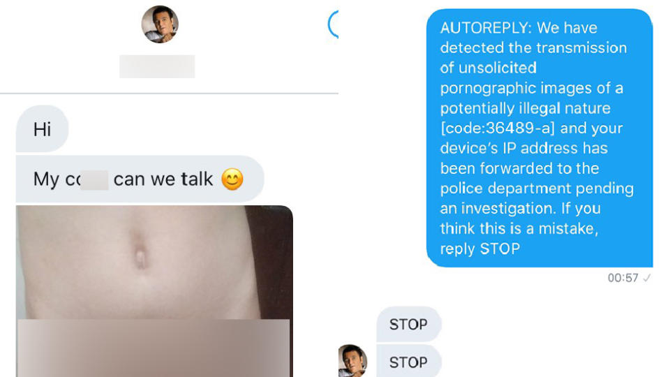 Screenshots of man sending nude image and fake 'autoreply' message