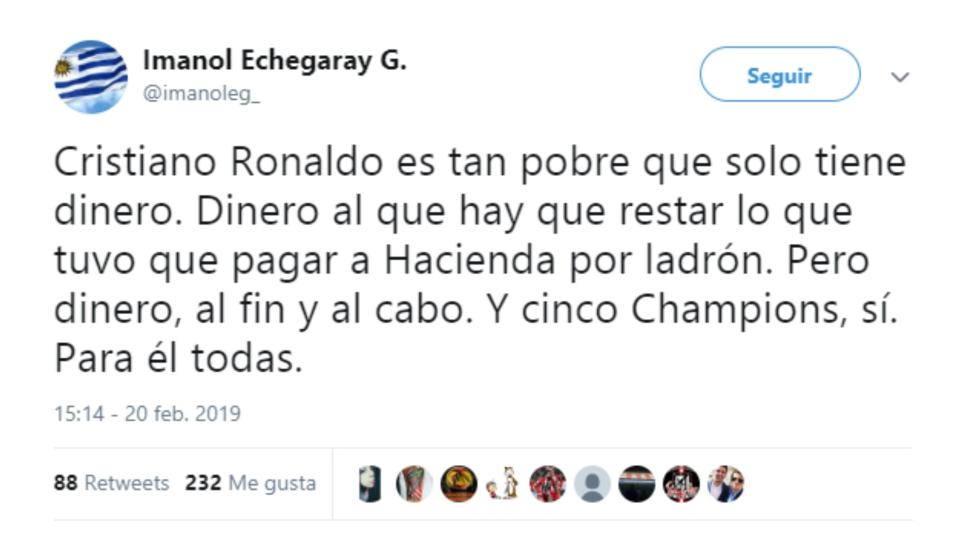 Críticas a Cristiano Ronaldo en Twitter por sus dardos a la afición del Atleti