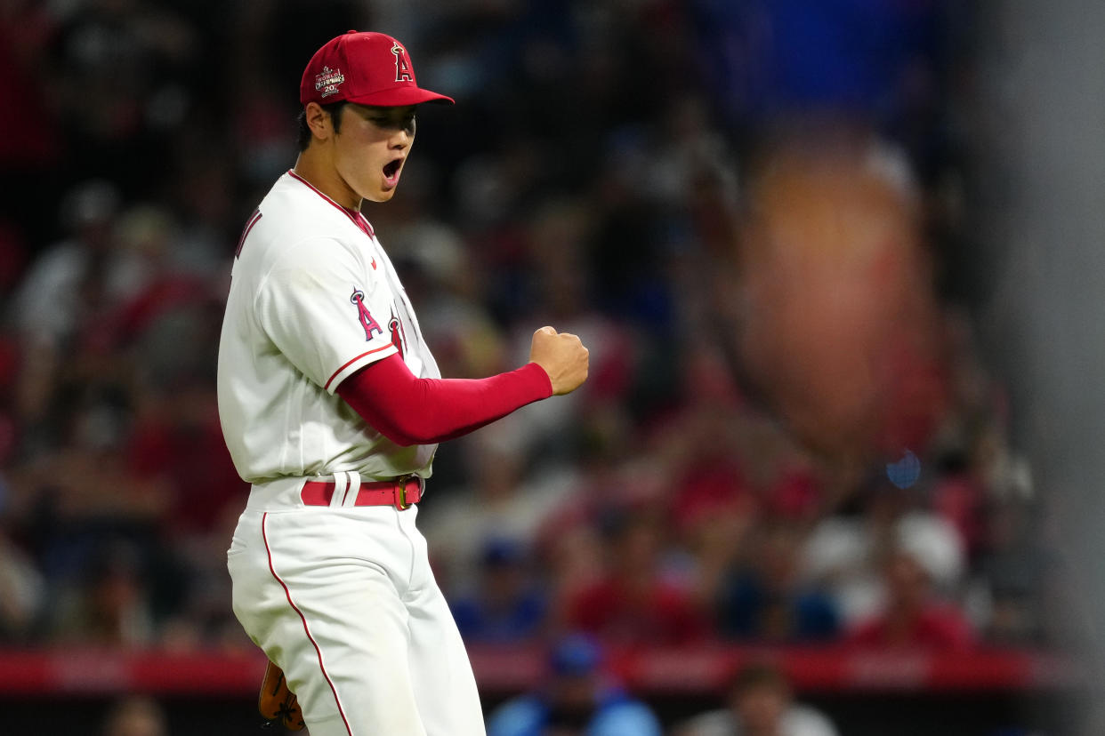 Shohei Ohtani #17 of the Los Angeles Angels is a fantasy superstar