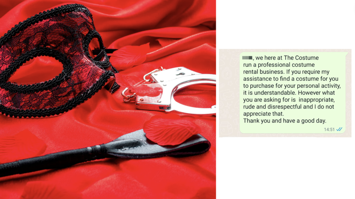 Eye mask, handcuff and prop (left) and screen grab of reply message from shop owner