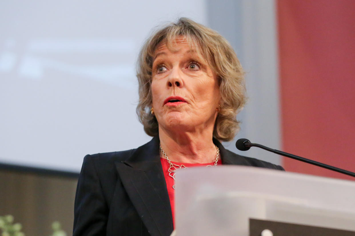 LONDON, UNITED KINGDOM - 2018/11/15: Esther Rantzen seen speaking at the Commemoration. Thousands of people including key politicians, celebrities, faith leaders, high profile supporters of refugee childrens rights gather in an event organized by UK charity Safe Passage in Euston, London to commemorate the 80th anniversary of the Kindertransport. Survivors of the Kindertransport have issued a statement urging the government to provide more routes to sanctuary for child refugees. (Photo by Dinendra Haria/SOPA Images/LightRocket via Getty Images)