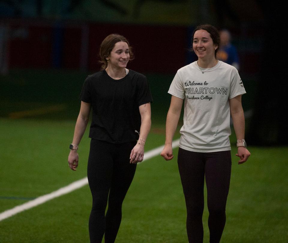 Framingham High School seniors Abby Desmarais, left, and Ella Terranova at practice at Fore Kicks II in Marlborough, Feb. 19, 2024.