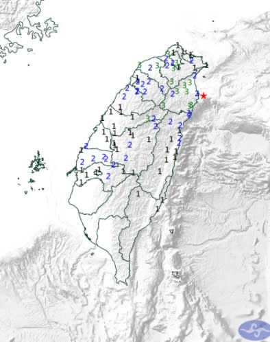 今（14）日晚間21:05宜蘭近海發生規模5.3有感地震。（圖／翻攝自中央氣象局）