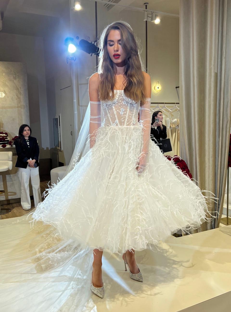 A woman poses in a dress with a feathered skirt.