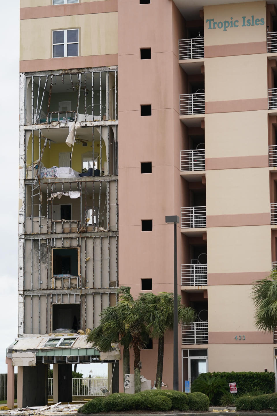 Tropic Isles condominiums are seen after Hurricane Sally moved through the area, Wednesday, Sept. 16, 2020, in Orange Beach, Ala. Hurricane Sally made landfall Wednesday near Gulf Shores, Alabama, as a Category 2 storm, pushing a surge of ocean water onto the coast and dumping torrential rain that forecasters said would cause dangerous flooding from the Florida Panhandle to Mississippi and well inland in the days ahead.(AP Photo/Gerald Herbert)