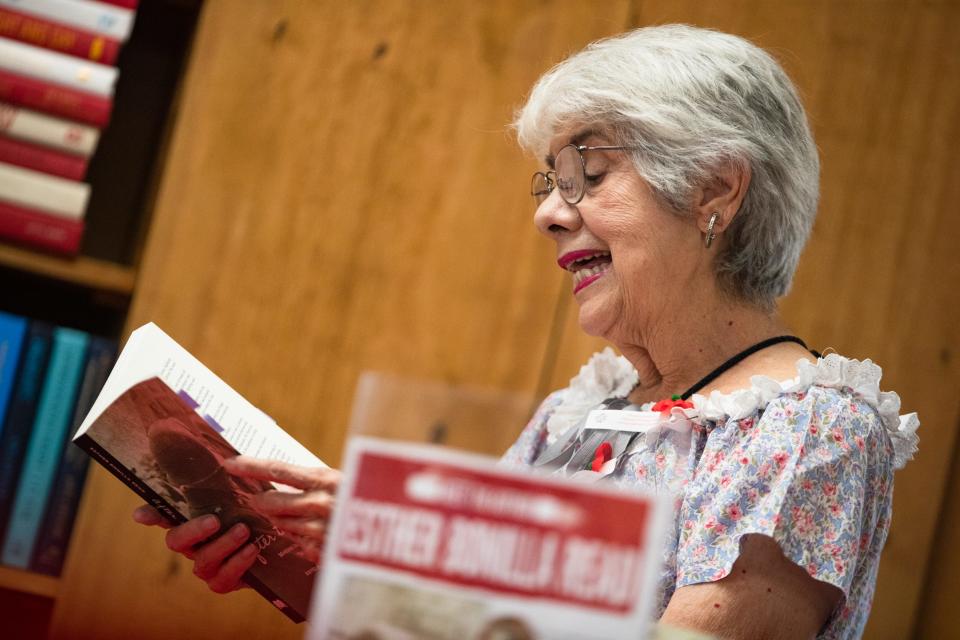 Esther Bonilla Read reads a passage from her book, "After the Blessing: Mexican American Veterans of WWII Tell Their Own Stories," on Friday, May 27, 2022, at Half Price Books. Read's book was published in February this year and includes war stories of Mexican Americans, some of them local veterans.