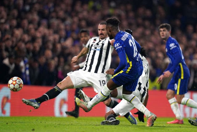 Callum Hudson-Odoi, centre, scores Chelsea's third goal