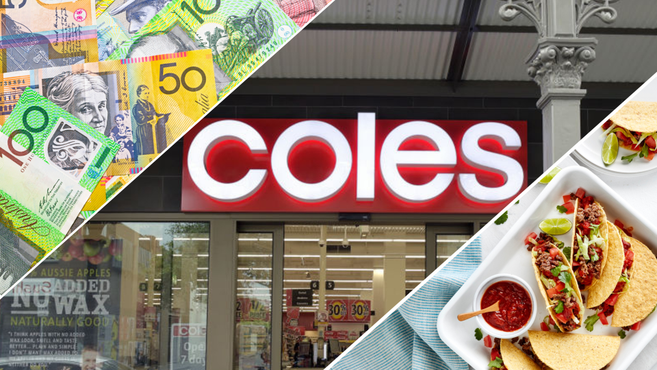 Pictued: Coles supermarket, Australian cash and Coles Mexican Beef taco recipe. Images: Getty