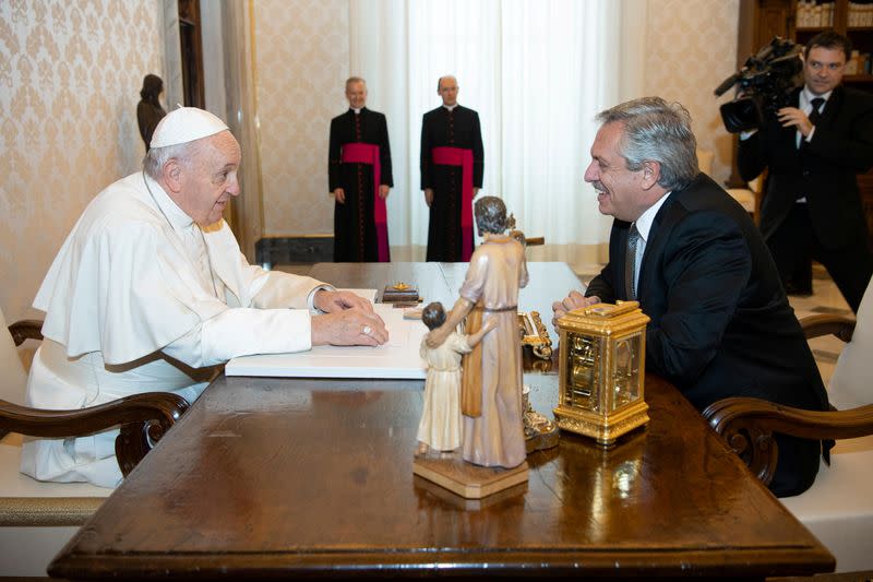 Pope Francis meets Argentina's President Alberto Fernandez during a private audience at the Vatican