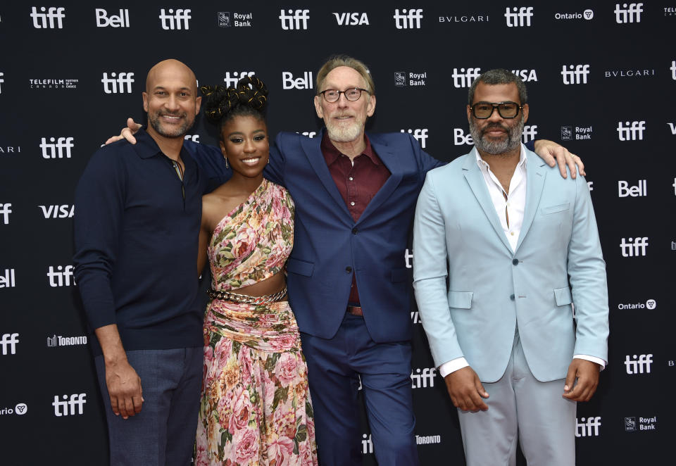 Keegan-Michael Key, from left, Lyric Ross, director Henry Selick, and Jordan Peele attend the premiere of "Wendell & Wild" at the Princess of Wales Theatre during the Toronto International Film Festival, Sunday, Sept. 11, 2022, in Toronto. (Photo by Evan Agostini/Invision/AP)