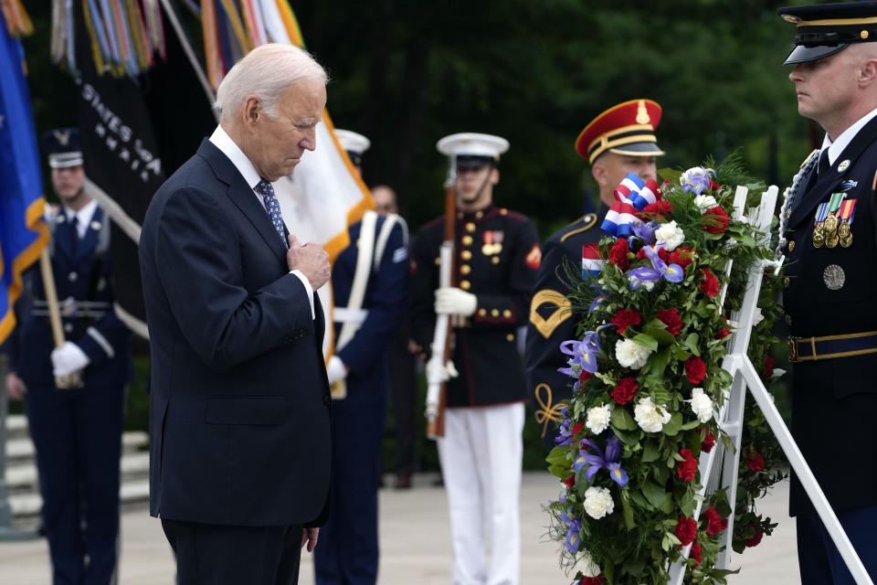 President Joe Biden pauses after laying a wreath at The Tomb of the Unknown Soldier at Arlington National Cemetery in Arlington, Va., on Memorial Day, Monday, May 29, 2023. (AP Photo/Susan Walsh)