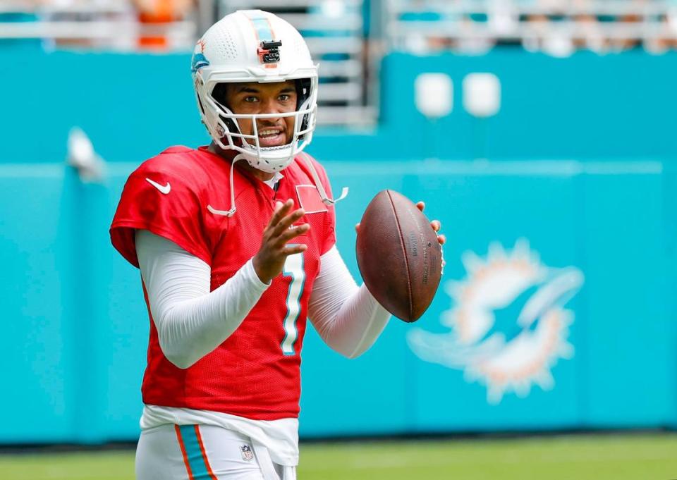 Miami Dolphins quarterback Tua Tagovailoa (1) passes during drills before a team scrimmage at Hard Rock Stadium in Miami Gardens on Saturday, August 5, 2023.