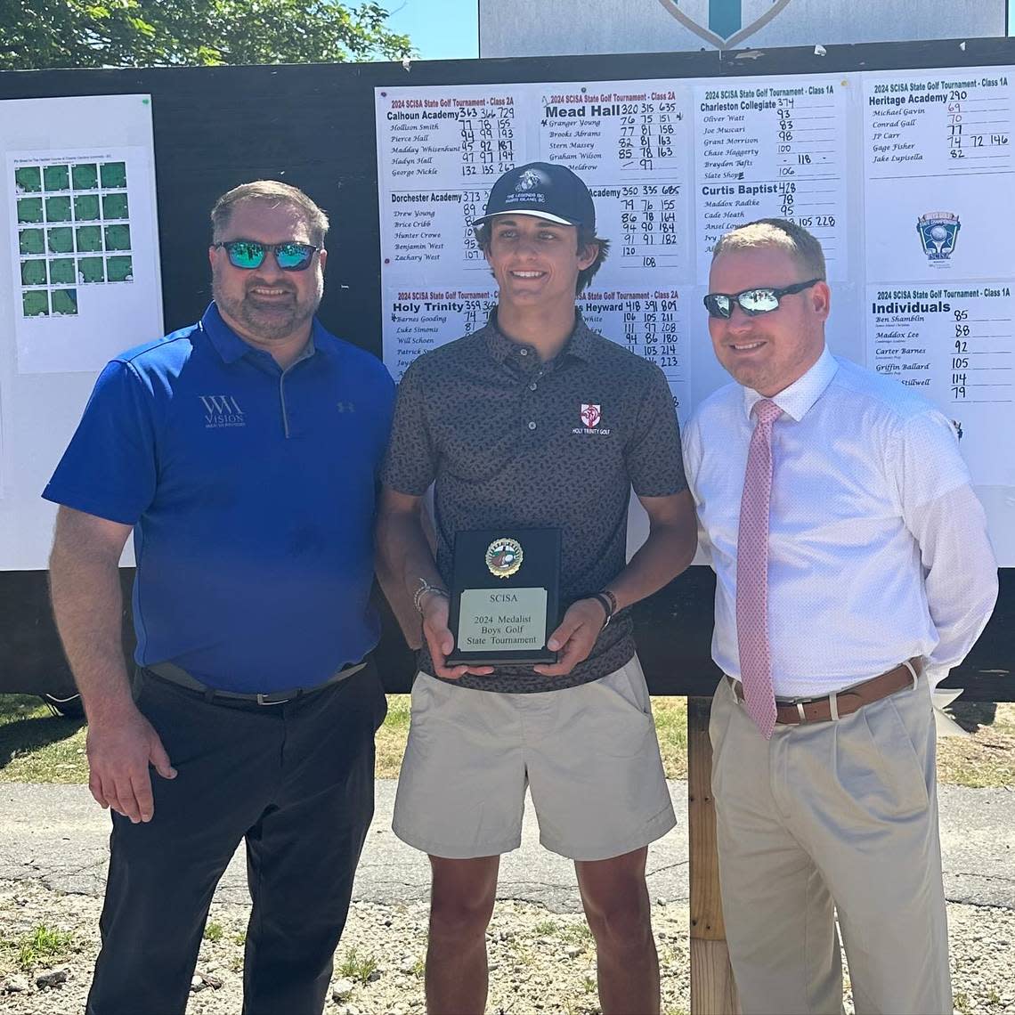 Holy Trinity Classical’s Barnes Gooding, middle, won the 2024 SCISA Class 2A golf individual championship. Holy Trinity Classical Photo