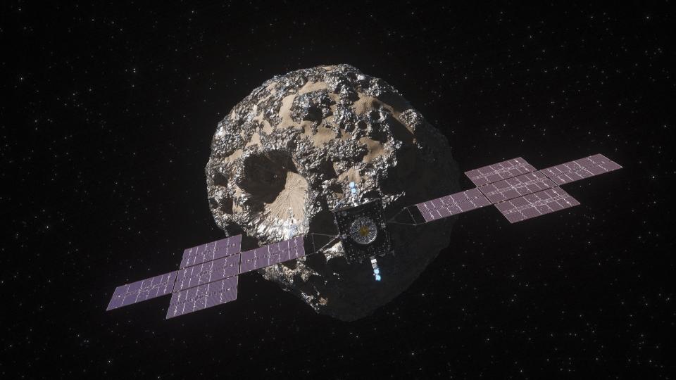 illustration of a spacecraft approaching the metallic asteroid psyche in deep space.