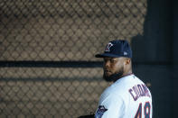 Minnesota Twins Alex Colome sets up to throw a ball during spring training baseball practice on Wednesday, Feb. 24, 2021, in Fort Myers, Fla. (AP Photo/Brynn Anderson)