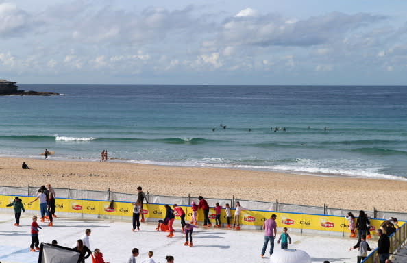 A general view of the Bondi Beach Ice Rink on July 10, 2012 in Sydney, Australia. One of the most popular attractions of the annual winter festival, the beach ice rink opened to the public last week complete with ice skate rentals, gourmet food and apres-ski drink options. (Photo by Ryan Pierse/Getty Images)