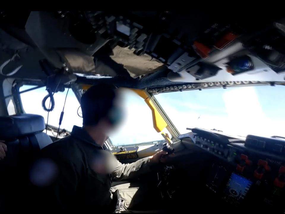 The cockpit of a US Air Force RC-135 aircraft on May 26, 2023.