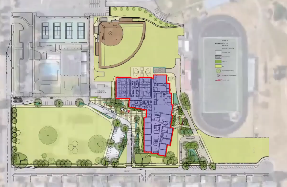The site plan for Cascade Middle School shows the new layout for the campus. The new building  (purple) will be located east of the school, replacing the current building with a large green area.